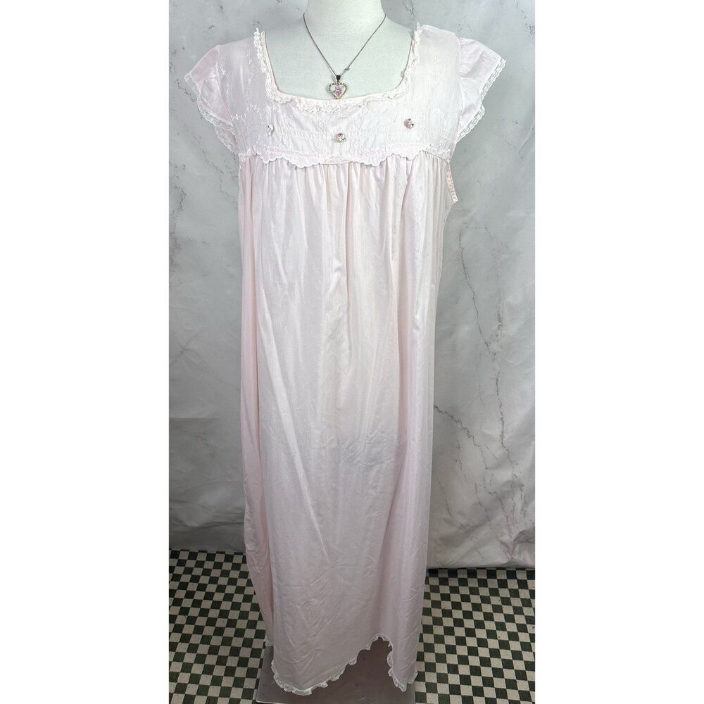Vintage Prairie Babydoll Cotton Nightgown Dress Lace Trim  Cottagecore Pink L